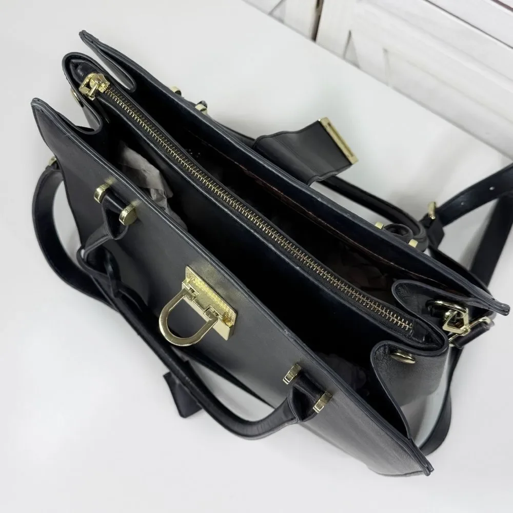 La Terre Multi Compartment Satchel Bag Handbag Purse Black Large